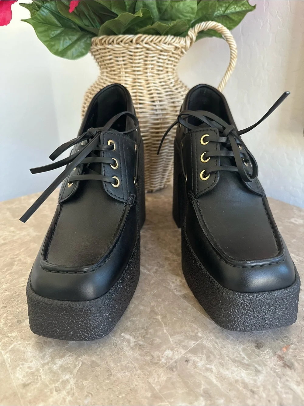 Stella McCartney Black Platform Lace-Up Shoes with Gold Eyelets Size EU 38/ US 8